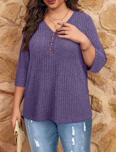 Image of Koscacy Women Plus Size V Neck 3 /4 Roll Sleeve Sweater Casual Knit Tops Solid Color Blouses