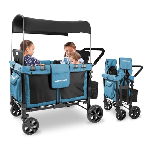 Image of WONDERFOLD W4 Original Stroller Wagon (4 Seater) - Wagon Stroller with 5-Point Harnesses, Easy Access Zipper Door, and Removable Sun Canopy - Safety Certified, Aqua