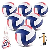 6 Pack Volleyballs Official Size 5, Soft Bulk Recreational Volley Balls with Pump and Net Bag for Indoor Outdoor Beach Pool Water Sand Game Training Match Gift for Beginner Women, Red Navy Blue Blue