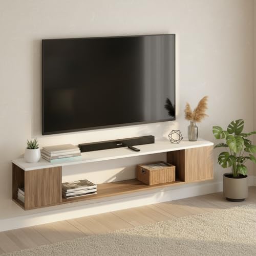 Image of FURNEASER Ether Modern Wall Mounted TV Unit with Floating Shelf | Wooden TV Entertainment Unit for Living Room | Engineered Wood Media Console for 43,50, 55 to 65 Inch TV (Exotic Teak & White)