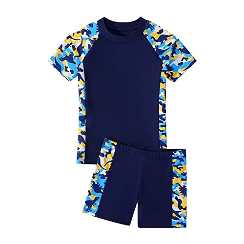 Kids Boys Short Sleeved Breathable Quick Dry Swimsuit 2pc Set Cotton Crewneck Swim Shirt + Shorts Camouflage Suit