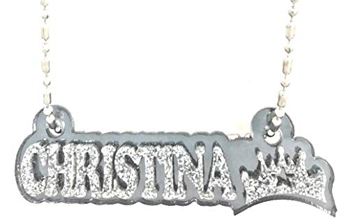 MIRROR MANIA Name Plate Custom Name Necklace Black Nameplate Personalized Name with Princess Crown Design Laser Cut, Diamond Look, Made To Order Any Name - Dazzling and Stunning!