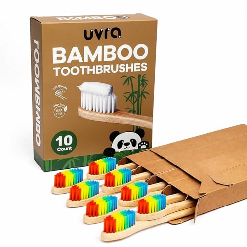 uvra Bamboo Toothbrushes for Adults - 10 Pack Biodegradable Manual Toothbrushes Teeth Colorful Bristle Natural Bamboo Tooth Brush Dental Eco Wood Toothbrush (Rainbow)