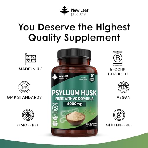 Fibre Supplement 4000Mg Psyllium Husk With Acidophilus - High Strength - Natural Soluble Fiber Supplement From Plantago Ovata Seeds, 360 Psyllium Husks Capsules Vegan, Made In Uk By New Leaf - 3