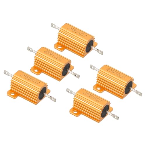Image of PATIKIL 25W 10 Ohm Aluminum Shell Resistor, 5 Pack Aluminum Housing Resistor Housed Case Wirewound Resistors Screw Tap Power Resistor 5% Tolerance, Golden