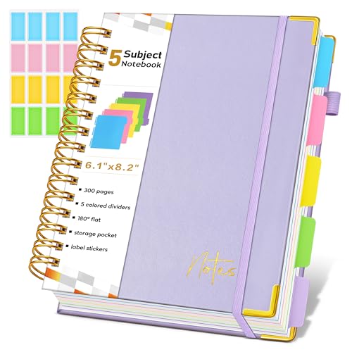 Spiral Notebook Journal with Removable Dividers Tabs, 300 Pages Hardcover Leather 5 Subject College Ruled Notebook, 6.1