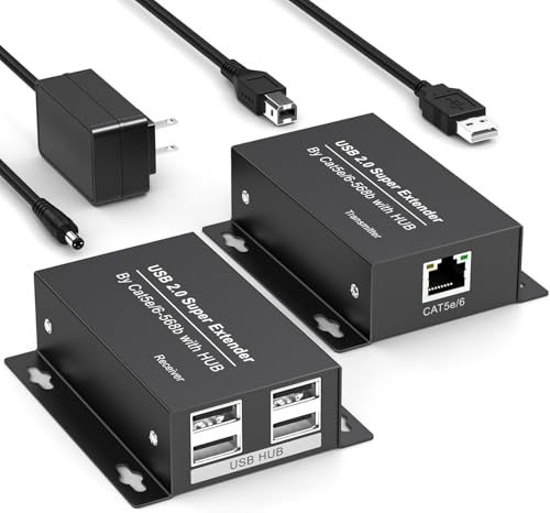 USB Extender Over Ethernet USB 2.0 HUB RJ45 Cat5e/6, 196ft/60m, up to 480Mbps Transfer Rate No Driver Required Supports POC Power Supply, Supports Connecting Keyboard Mouse U Disk Printer etc.