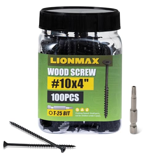 Image of LIONMAX Deck Screws 4 Inch, Wood Screws #10 x 4, 100 PCS, Rust Resistant, Exterior Epoxy Coated, Outdoor Decking Screws, Torx /Star Drive Head Screw, T25 Star Bit Included, Black