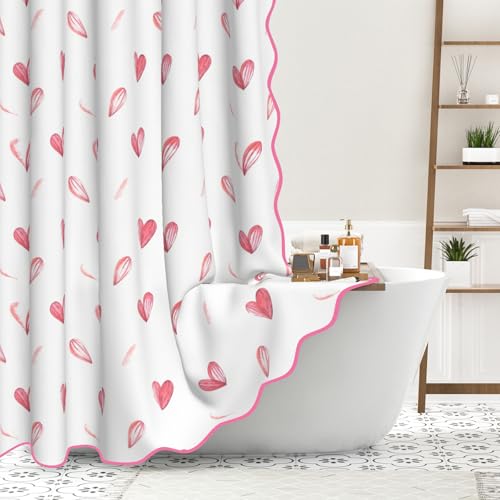 NAEMBCU Pink Scalloped Shower Curtain with 12 Hooks 71x74Inches - Pink Heart Pattern Waterproof Fabric Bath Curtain for Modern Girly and Minimalist Bathrooms Decor
