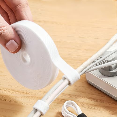 Reusable Cable Ties Roll 16.4ft, Adjustable Self-Gripping Straps for Cable Management, Wire Organizer, Cord Wraps (White)