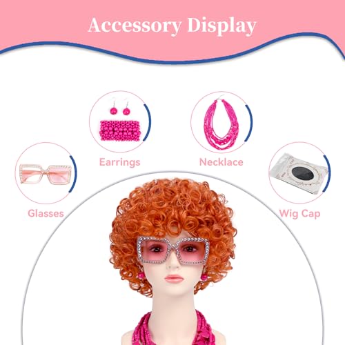 Image of Women Roper Curly Orange Red Cosplay Wig with Necklace Earrings and Sunglasses for Women Hallween Costume Wig
