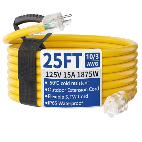 Cismorvex 25ft Outdoor/Indoor Extension Cord with Lighted 10/3 Gauge Ultra 3 Prong Heavy Duty SJTW Waterproof Flexible Cold-Resistant 15A 125V 1875W Yellow