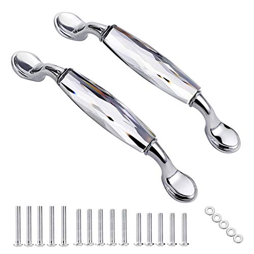JuxYes Pack of 2 Crystal Cabinet Handles Pulls, Chrome Silver Glass Handle Decorative Drawer Pulls Modern Cupboard Door Handle Knobs for Dresser Drawer Cabinet Closet (3.75