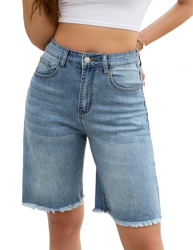 TOSATISFINE Jean Shorts for Women High Waisted Trendy Raw Hem Stretchy Bermuda Long Denim Shorts Vintage Blue XL