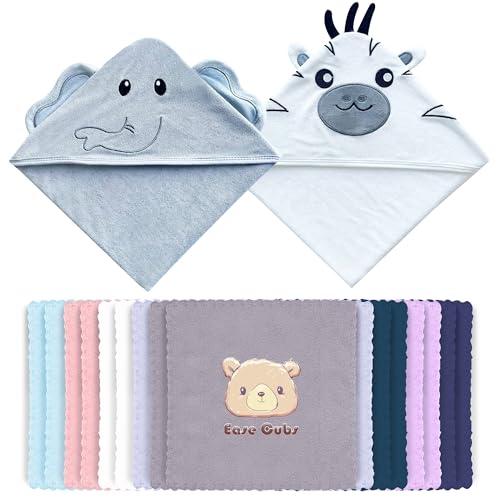 Image of Ease Cubs 18-Piece Baby Bath Towel Rayon derived from Bamboo and Microfiber Washcloth Sets, Newborn Gifts for Infant, Toddler - Baby Bathtub Stuff - Elephant, Zebra
