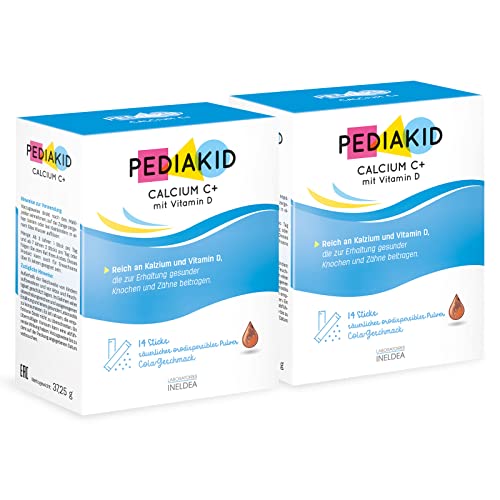 PEDIAKID - CALCIUM C+ mit Vitamin D - Deckt 100% der RDA für Kalzium ab - Knochenerhalt- Geeignet für Kinder mit Laktoseintoleranz oder Milchallergie - 2 Etui mit 14 Sticks