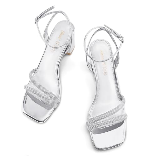 Image of Shoe'N Tale Strappy Heels for Women Square Toe Chunky Block Heels Ankle Buckle Heeled Sandals