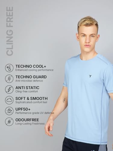 Image of TECHNOSPORT Men's Solid Slim Fit Round Neck T-Shirt TECHNOCOOL+ Half Sleeve Slip On Polyester for Gym Running Workout UPF50+ Anti Odour