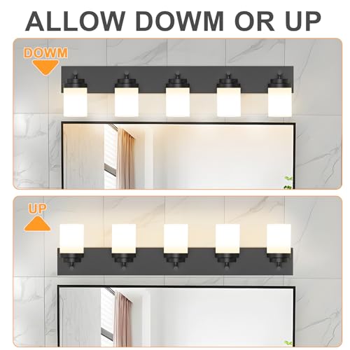 Image of IZORRO Bathroom Vanity Light Fixture, 5-Light 36 Inch Matte Black Bathroom Light Fixtures Over Mirror, with White Glass Shade, Modern Farmhouse Vanity Lights, Rustic Restroom Lighting Fixtures