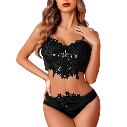 Satohom Sexy Dessous Set 2-Teil Damen Florale Spitze Rückenfrei Unterwäsche Push Up BH und Slip Tanga Nachtwäsche, Frauen Verstellbaren Trägern Reizwäsche Grosse Grössen Babydoll Negligees
