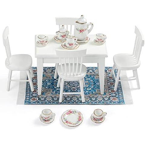 SAMCAMI Miniature Dollhouse Furniture 1 12 Scale - Doll House Furniture Toys for Dollhouse Kitchen - Wooden Dollhouse Furniture Set Incl Dining Table with Chairs, Tea Set, Carpet (White) Cover