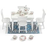 SAMCAMI Miniature Dollhouse Furniture 1 12 Scale - Doll House Furniture Toys for Dollhouse Kitchen - Wooden Dollhouse Furniture Set Incl Dining Table with Chairs, Tea Set, Carpet (White)