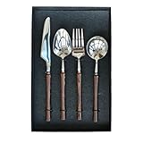 Silverware Set,18/10 Stainless Steel Flatware, 4-Piece High-End Rosewood Handle Utensils - Retro/Elegant Knives Forks and Spoons for Kitchen Dining & Wedding Supplies, Gifts for Mom