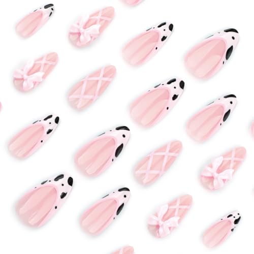 Image of Secret Lives Almond Press-On Nails - French-Style Cow Print & Pink Sweet Bow Nail Art - Cute Kawaii Almond False Nails