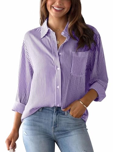 AIEOE Blusas de Mujer Elegantes Manga Larga Camisa Mujer Cuello en V Camisa Casual Mujer con Botones Camisa Suelta M Morado