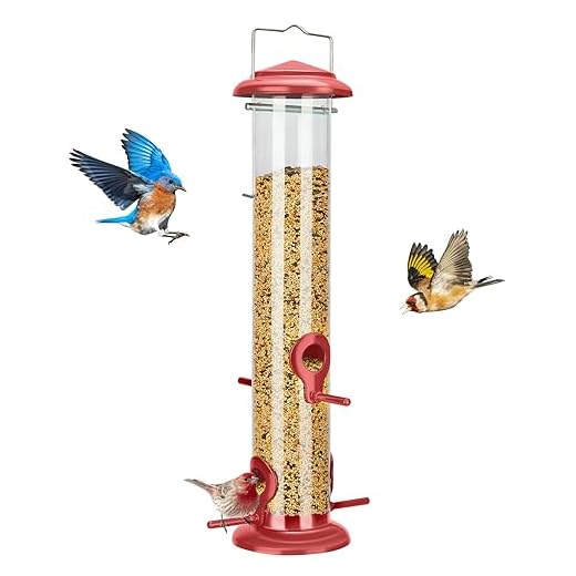 Kingsyard Metal Bird Feeders for Outdoors Hanging, Extra Thick Tube Bird Feeder w/Steel Hanger & 4-Port, 15 inch, Chew-Proof, Weather and Water Resistant, Red