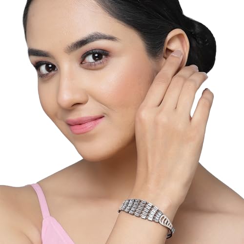 Image of ZENEME Rhodium-Plated Silver Toned American Diamond Studded Contemporary Kada Bracelet For Girls and Women