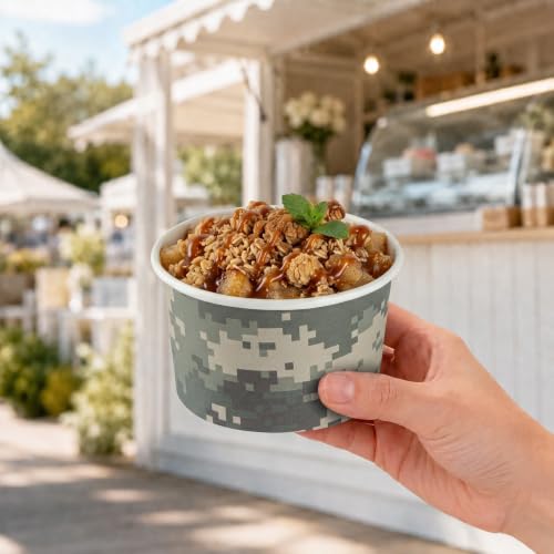 Image of Restaurantware Coppetta 5 Ounce Dessert Cups, 200 Disposable Ice Cream Cups - Lids Sold Separately, Sturdy, Camouflage Paper FroYo Bowls, For Hot And Cold Foods, Perfect For Gelato Or Mousse