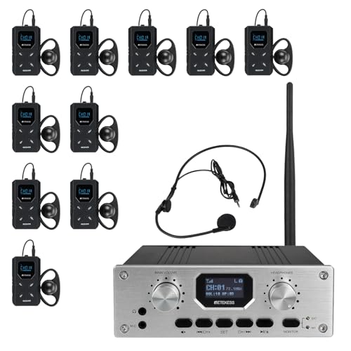 Retekess TT119 Assistive Listening System, Wireless Tour Guide System with Headphones, Mute Function, 300m/980ft, Interpreting Devices for Church, Court (1 Transmitter 10 Receivers)