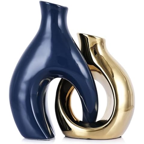 Blue and Gold Vases for Home Decor,Ceramic Vase Set of 2,Gold Vases for Centerpieces,Modern Flower Vase for Tables Living Room,Boho Decorative White Vase,Unique Vase Decor for Hotel Office Cover