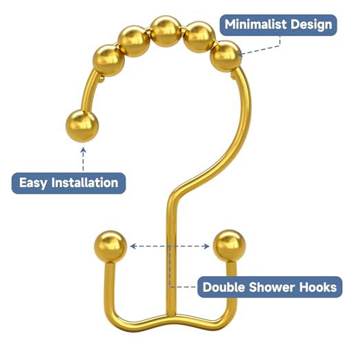 Image of Titanker Shower Curtain Hooks Rings Gold, Metal Double Glide Shower Hooks Rings for Bathroom Shower Rods Curtains, Set of 12 Hooks - Dark Gold