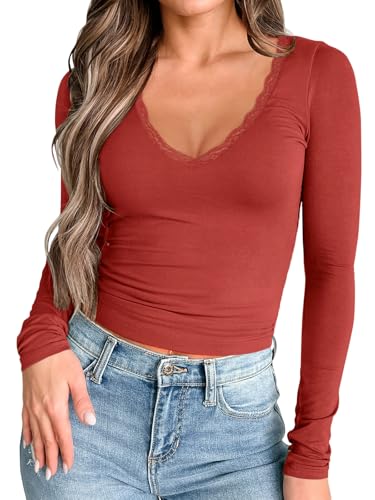 PINKMSTYLE Women Long Sleeve Shirts Double Lined Slim Fit Tops Basic Tee 2025 Fall Outfits Casual T-Shirt Underscrubs Layer Clothes Bright Red Medium — view 2
