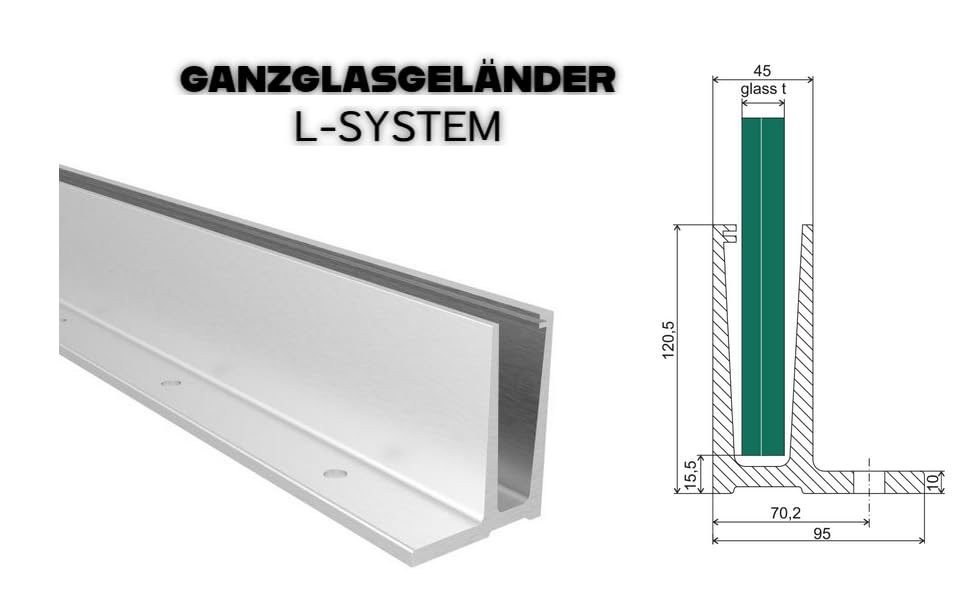 Sellon24® Ganzglasgeländer Glasgeländer Bodenprofil ALU aufgesetzte Bodenmontage Profil Aluminium eloxiert für Glas 12-21,52 mm Vollmaterial AbP geprüft Belastbarkeit G/h: 3 kN - Konfigurator L