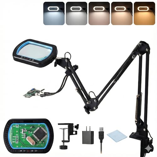 sainsmart Lupa de 12 aumentos con luz y abrazadera, brazo ultralargo de 3 secciones, lente de vidrio de 5,3 × 3,2", 5000 lm, 5 temperaturas de color y 10 niveles de brillo