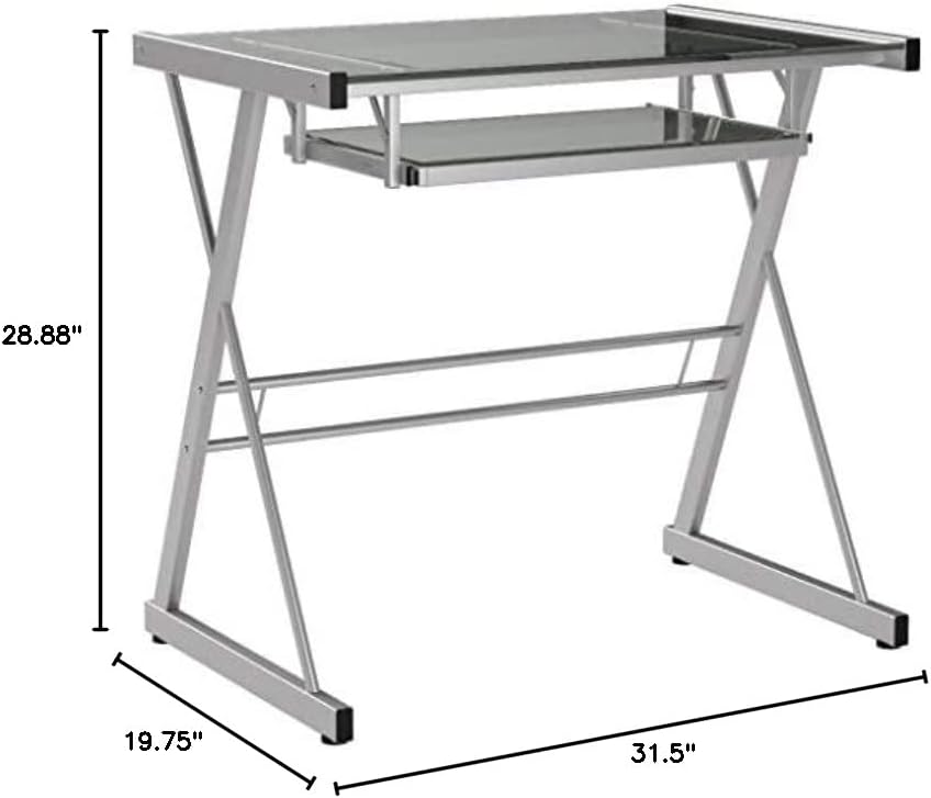 Walker Edison Metal and Glass Work From Home Laptop Computer Gaming Desk with Slide In Keyboard Tray Home Office, 31 Inch, Silver