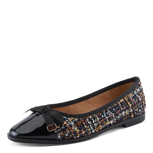 PATRIZIA AINOSA Women’s Ballet Flat – Boucle & Faux Patent Leather Slip-On with Bow Accent – Cushioned Insole for All-Day Comfort