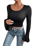 SweatyRocks Women's Bell Long Sleeve Stretch Solid Fitted Tee Shirt Crop Top Black S