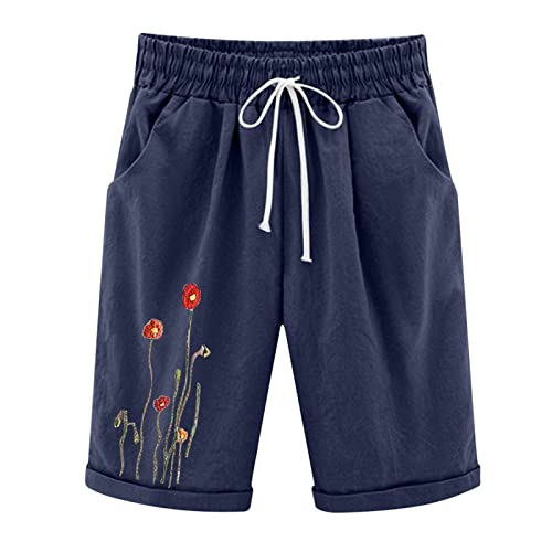 Short Mujer-Pantalones De Lino Y AlgodóN con Estampado Floral De Verano para Mujer Pantalones Cortos De Talla Grande con Cordones para Entrenamiento En La Playa Pantalones De Puntos para SalóN