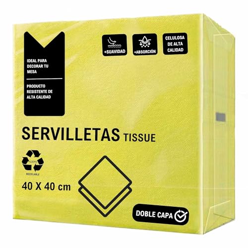 Servilletas de papel, Servilletas Desechables, servilletas Cocktail, Servilleta 100% Reciclables, Servilleta doble capa, Material Celulosa, 40 x 40 cm, Pack 50 Unidades, Color Amarillo