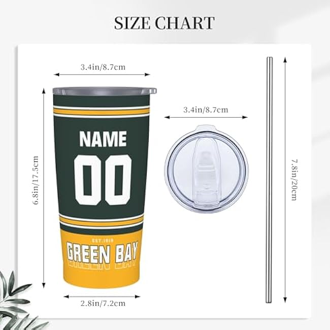 Green Bay Customize 20oz stainless steel Cup and Straw, Gifts for Men Women, Stainless Steel Vacuum Insulated Flip Straw Spill Proof Travel Mug Cup