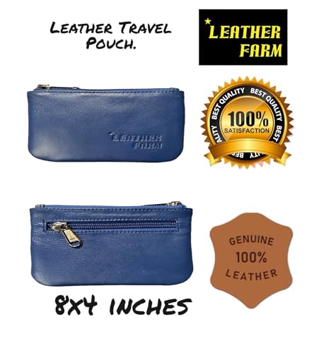Image of Leather Travel Pouch - Beautifully Handcrafted YKK Zippered Pouch Handmade - 8 x 4 inches.(BLUE)