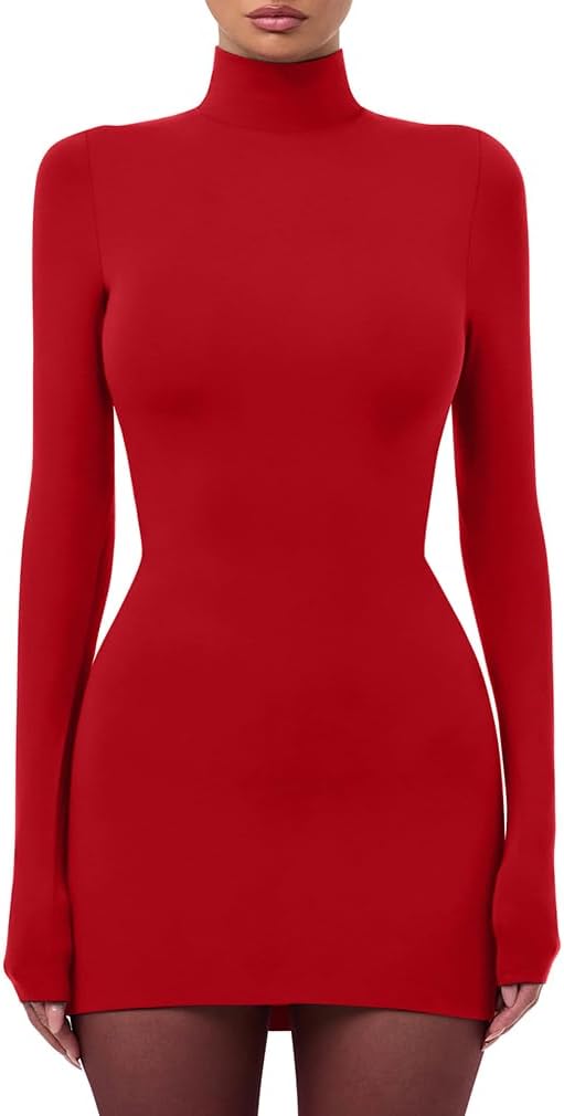 LAGSHIAN Women's Sexy Basic High Neck Long Sleeve Bodycon Club Party Mini Dress