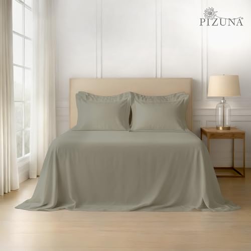 Image of Pizuna 100% Cotton Bedsheet Super King Size Silver, 600 Thread Count Long Staple Combed Cotton Flat Bedsheets 108x108 Inches with 4 Pillow Covers, Bed Sheet for Super King Size Bed