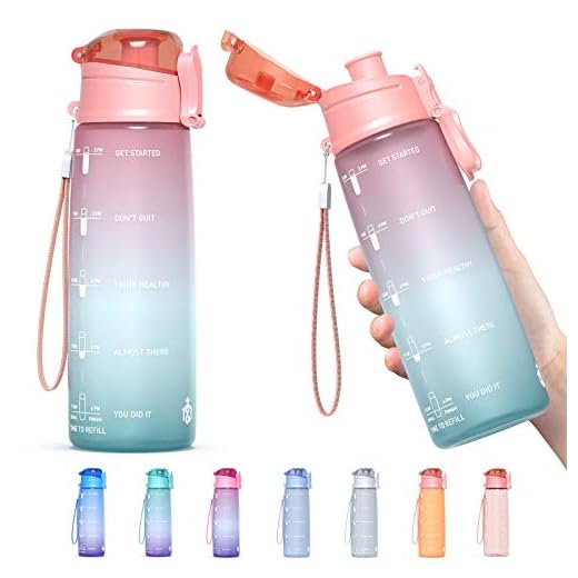 Y&3 32oz Motivational Fitness Sports Water Bottle With Time Marker, BPA Free Tritan Plastic, Leakproof Flip Top, For Gym, Outdoor, Office Work (Pink/Green Gradient, 32oz)