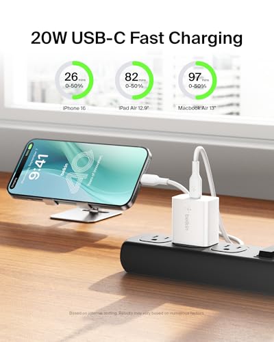 Image of Belkin USB C Charger Block 20W, iPhone Charger Fast Charging - iPhone 17, Air, Pro, Pro Max, Samsung Galaxy S25, Google Pixel 10, iPad, AirPods, Apple Watch, Nintendo Switch 2 & More - White