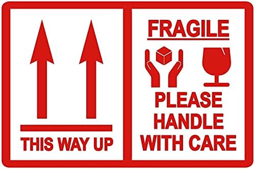 BlackDreams® fragile please handle with care & This up attractive logo sticker/labels (4x2.5 inch (500 stickers), WHITE & RED)